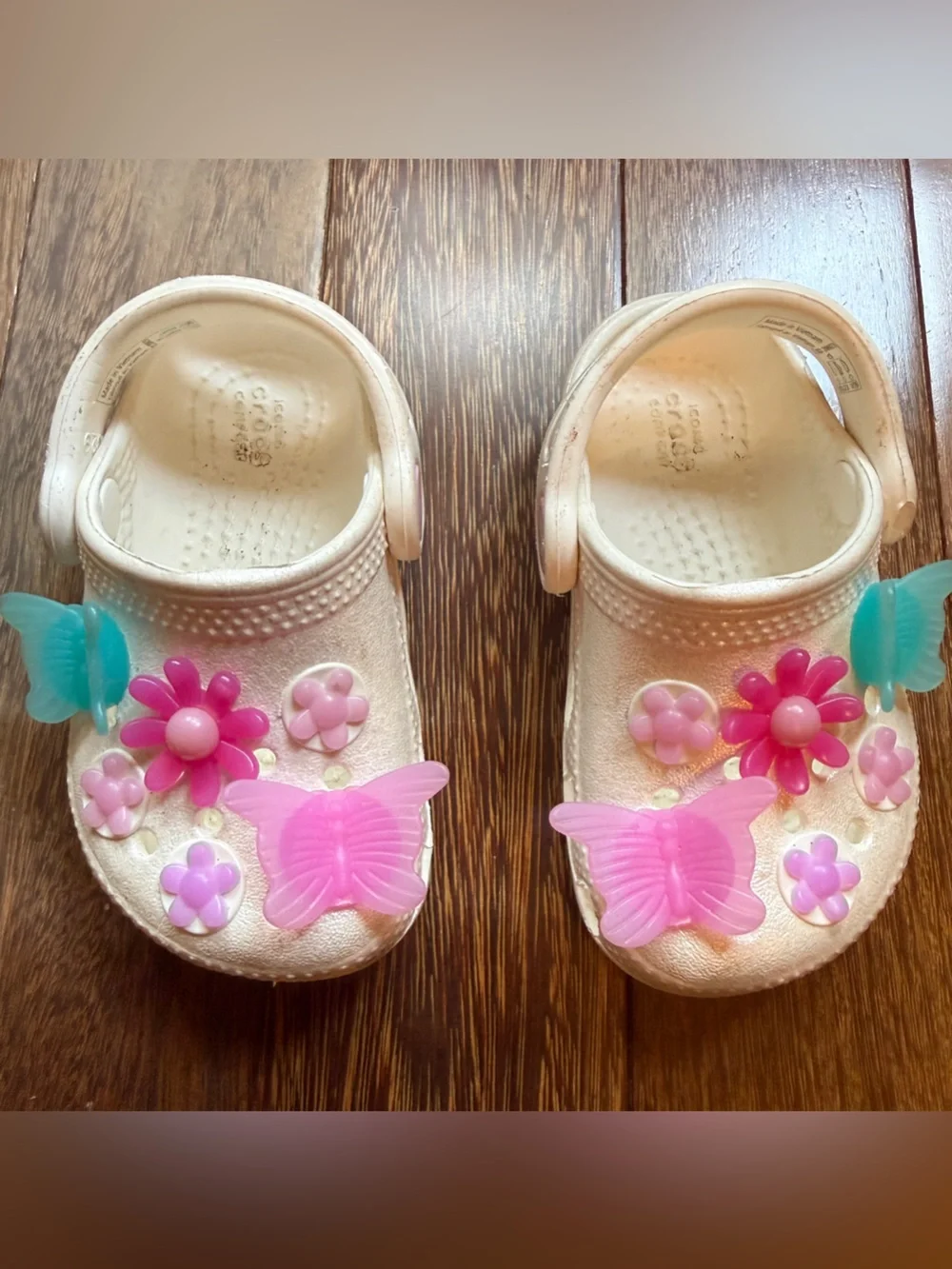 CROCS Kids Cream Garden Clog Sandals with Pink & Teal Butterfly Accents Size 5